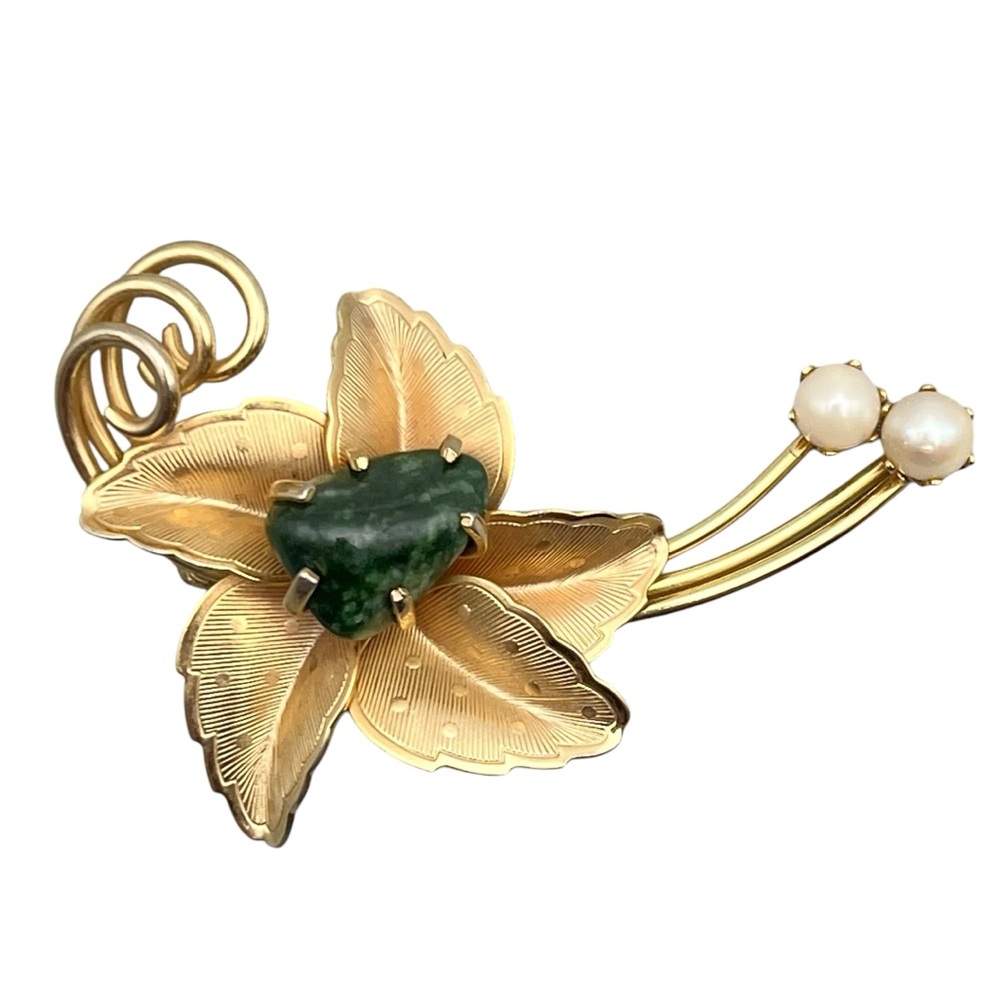 Vintage MCM Floral Brooch with Stone and Faux Pearl Accents